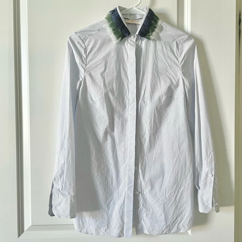 Tory Burch feather embellished collar stripe poplin shirt 0 - Picture 2 of 5